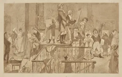 Artists painting in an exhibition of paintings at the British Institution, Alfred Edward Chalon
