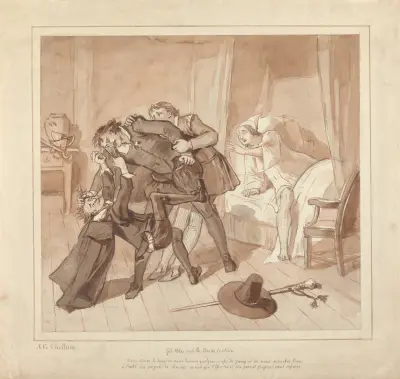 Gil Blas, While Practising Medicine under Dr. Sangrado, Encounters Dr. Cuchillo at the Bedside of the Grocer av Alfred Edward Chalon