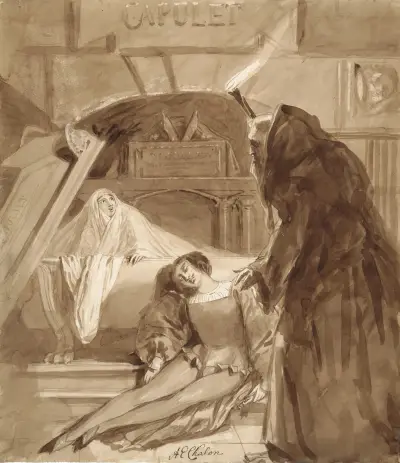 Romeo and Juliet, V, 3, the friar’s visit to the tomb of the Capulets av Alfred Edward Chalon