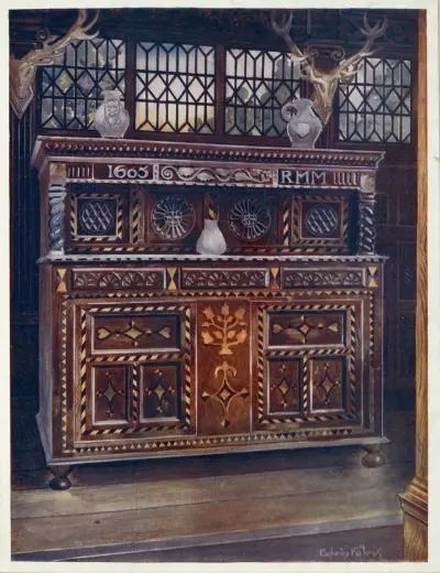 Carved and inlaid oak court cupboard. av Edwin Foley