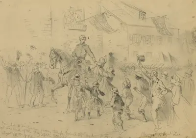 Genl. Geo. B. McClellan passing through Frederick City Myd. at the head of the Army of the Potomac. Pursuit of Genl. Lee av Edwin Forbes
