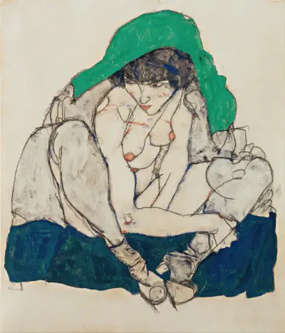 Crouching Woman with Green Headscarf av Egon Schiele