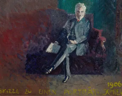 Leopold Czihaczek, auf rotem Sofa sitzend av Egon Schiele