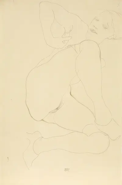 Liegender weiblicher Akt mit angewinkelten Beinen (Reclining female nude with bent legs) av Egon Schiele