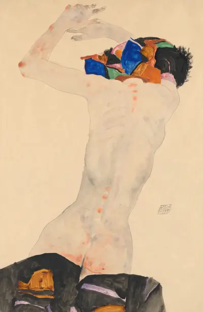 Rückenakt mit buntem Tuch av Egon Schiele
