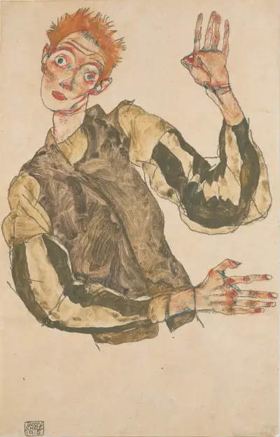Self-Portrait with Striped Sleeves av Egon Schiele