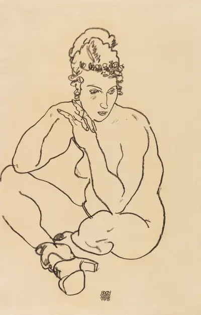 Sitzender weiblicher Akt, die Arme auf die Knie gestützt, die Beine verschränkt av Egon Schiele
