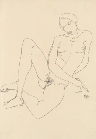 Sitzender Weiblicher Akt, mit gegrätschten Beinen av Egon Schiele