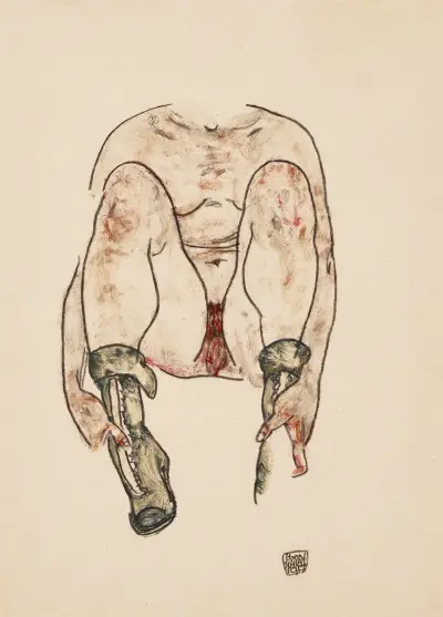 Sitzender weiblicher Akt mit grünen Stiefeln (Torso) av Egon Schiele