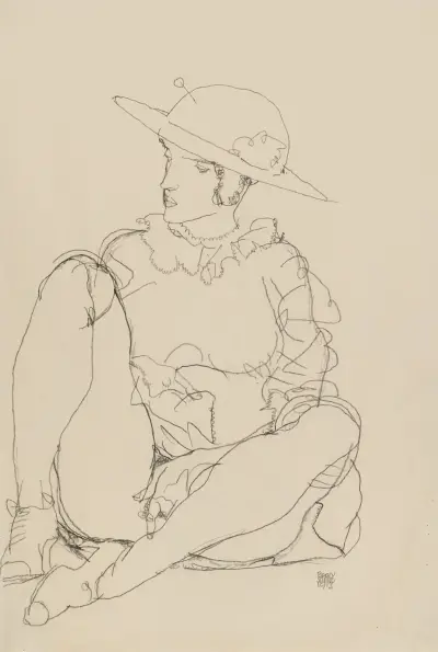 Sitzendes Mädchen mit Hut, onanierend (Seated Girl with Hat Masturbating) av Egon Schiele