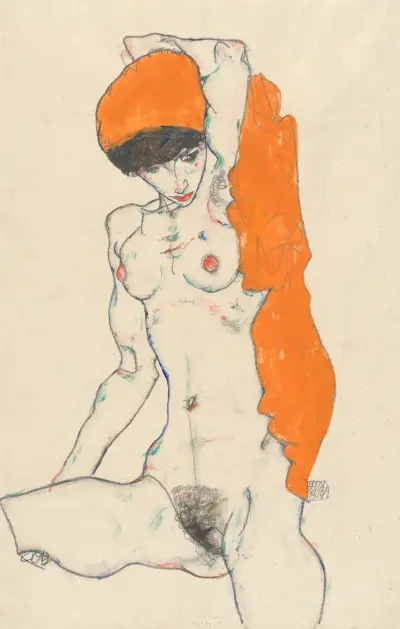 Standing Nude with Orange Drapery av Egon Schiele