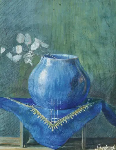 Still Life of a Moneyplant Branch in Blue Vase av Egon Schiele