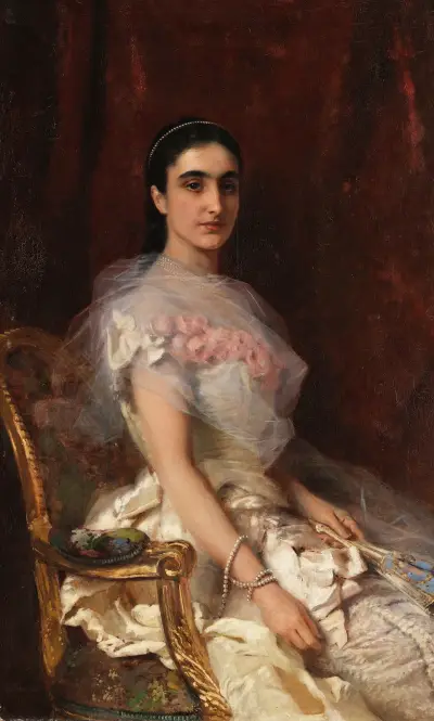 Porträt einer eleganten Dame mit Fächer von Konstantin Egorovich Makovsky