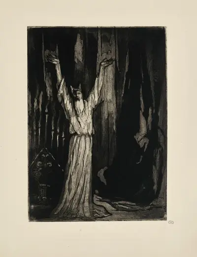 N° 27 – Sám u velkého oltáře za závěsem, dědeček stojí se zdviženýma rukama, Emile Bernard