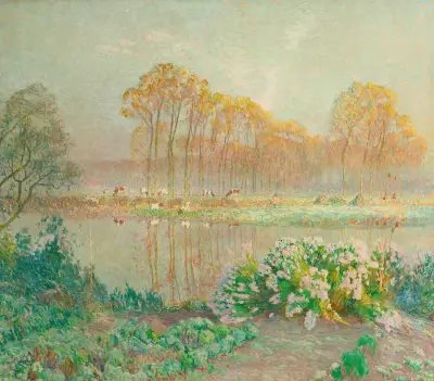 Landscape with pond and blooms, Emile Claus