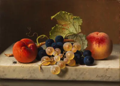 Fruit still life with two peaches and blue and green grapes on the branch and a vine leaf on a marble table top av Emilie Preyer