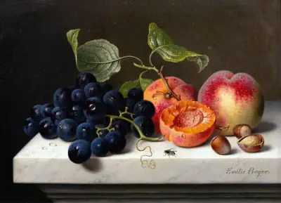 Still Life of Fruits with Grapes, Peaches and Nuts on a Marble Pedestal av Emilie Preyer