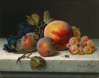 Still Life with Peach, Plums, Grapes and a Fly av Emilie Preyer