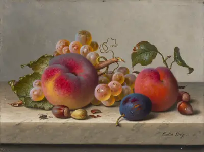 Still life with peaches, plums, grapes and hazelnuts on a tabletop av Emilie Preyer