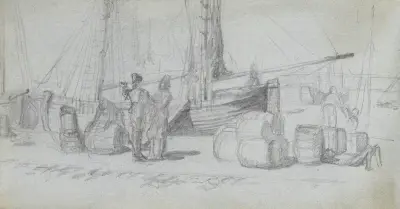 Łodzie, postacie i ładunek na plaży, Ernest Meissonier