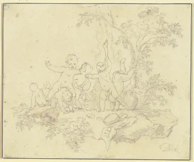 Sieben spielende Putten unter einem Baum av Christian Wilhelm Ernst Dietrich