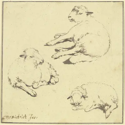Three resting sheep av Christian Wilhelm Ernst Dietrich