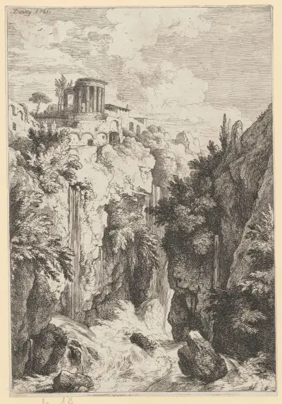 Waterfall and Temple of the Sibyl in Tivoli av Christian Wilhelm Ernst Dietrich