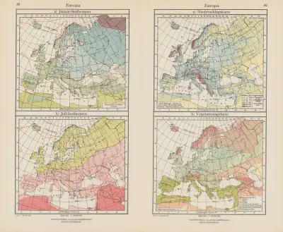 Evropa; lednové izotermy, mapa srážek, Ernst Friedrich