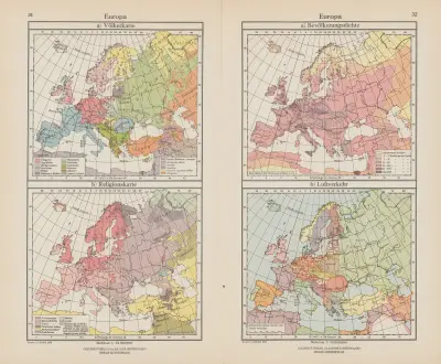 Evropa; mapa národů, hustota zalidnění, 1926, Ernst Friedrich
