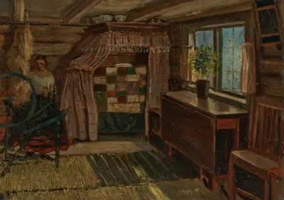 Stuginteriör; en kvinna som spinner av Ernst Josephson