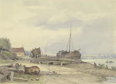 Werft am Rheinufer bei Niederwalluf, Friedrich Ernst Morgenstern