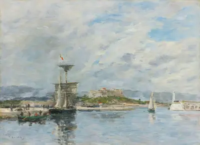 Blick auf den Hafen von Antibes. Der Kai, Morgen von Eugène Boudin