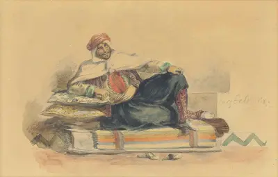 Berber sedící na nízké pohovce, Eugène Delacroix