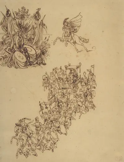 Hochzeitszug in Kleidung des 16. Jahrhunderts; ein Kavalier; und eine Waffentrophäe von Eugène Delacroix