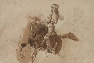 Opancerzona postać na koniu (recto), Eugène Delacroix