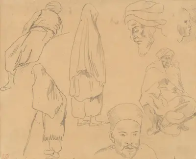 Čtyři figurální studie beduínů a tři studie hlav, Eugène Delacroix