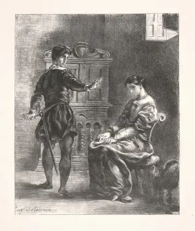 Hamlet and Ophelia (Act III, scene i) av Eugène Delacroix