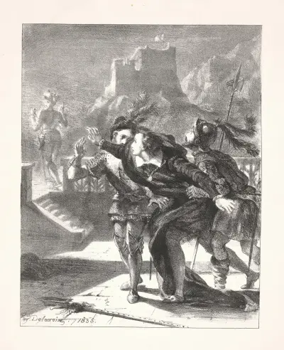 Hamlet wants to follow his father’s ghost (Act I, scene iv) av Eugène Delacroix