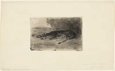 Leżący tygrys przy wejściu do swojej jaskini, Eugène Delacroix