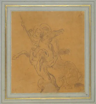 Lion Attacking a Horse with Rider (Sketch for The Tiger Hunt) von Eugène Delacroix