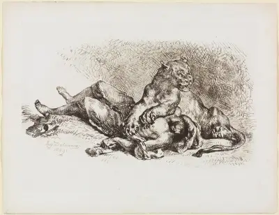 Löwin, die Brust eines Arabers zerreißend, Eugène Delacroix