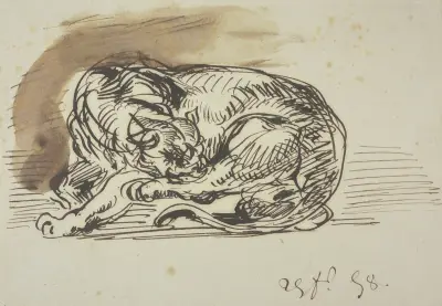 Löwin, ihre linke Hinterpfote leckend von Eugène Delacroix