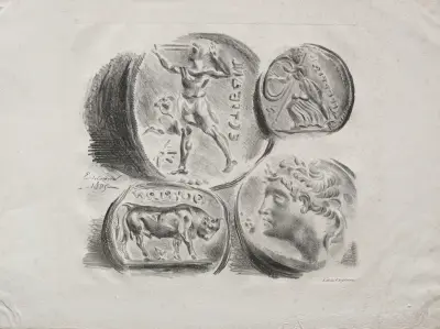 Sheet of Four Antique Medals av Eugène Delacroix