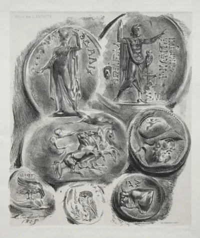 Sheet with Seven Antique Medals av Eugène Delacroix