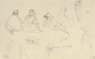 Sketches of Figures and a Tile-Roofed Building, Seville, Spain av Eugène Delacroix