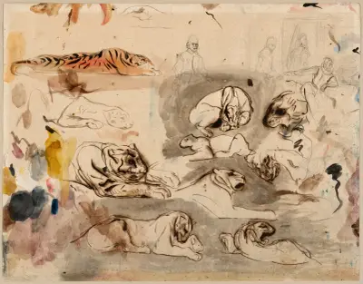 Sketches of Tigers and Men in 16th Century Costume av Eugène Delacroix