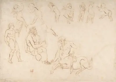 Standing nude athlete; seated man with a lyre; centaur; and seven putti (three with wings) av Eugène Delacroix