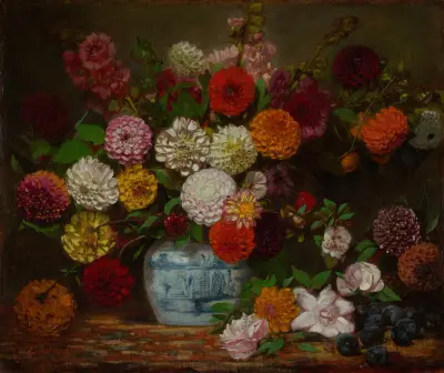 Still Life with Dahlias, Zinnias, Hollyhocks and Plums av Eugène Delacroix