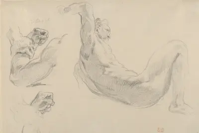 Studie padajícího mužského aktu pro „Herkules a Diomedovi koně“, Eugène Delacroix