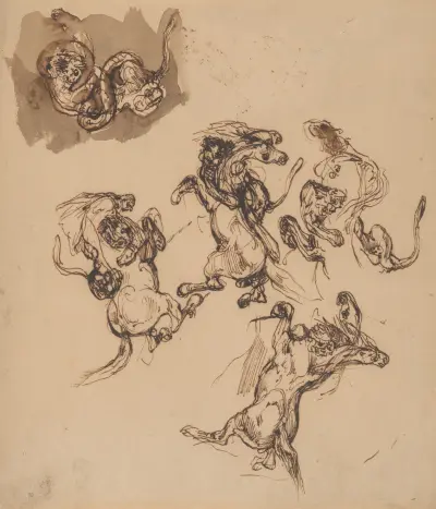 Studie koně vzpínajícího se před útočícím lvem a lva zápasícího s hadem, Eugène Delacroix